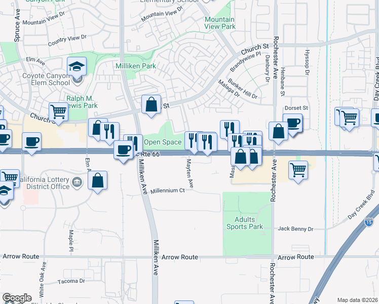 map of restaurants, bars, coffee shops, grocery stores, and more near East Foothill Boulevard & Mayten Avenue in Rancho Cucamonga