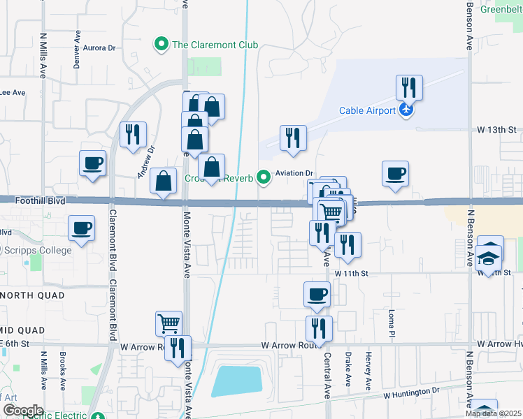 map of restaurants, bars, coffee shops, grocery stores, and more near 2176 West Foothill Boulevard in Upland