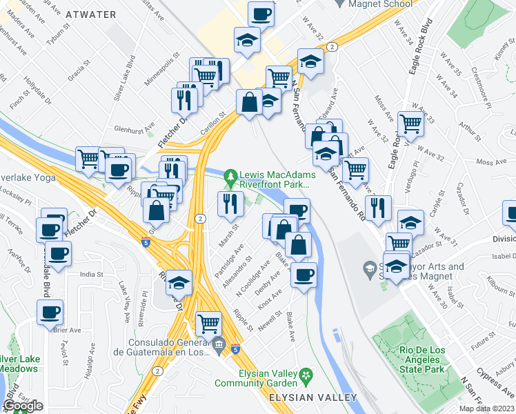 map of restaurants, bars, coffee shops, grocery stores, and more near 2951 Marsh Street in Los Angeles