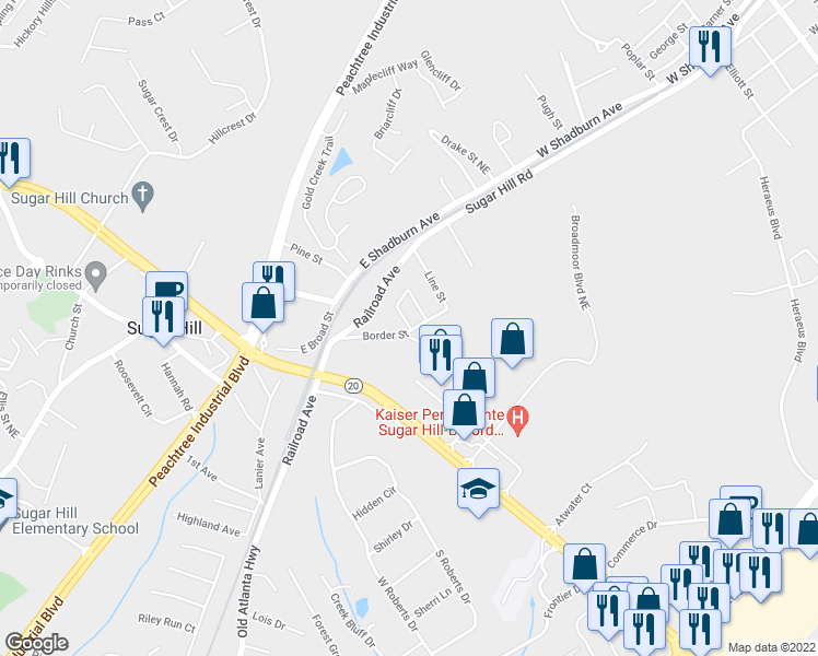 map of restaurants, bars, coffee shops, grocery stores, and more near 1472 Border Street in Sugar Hill