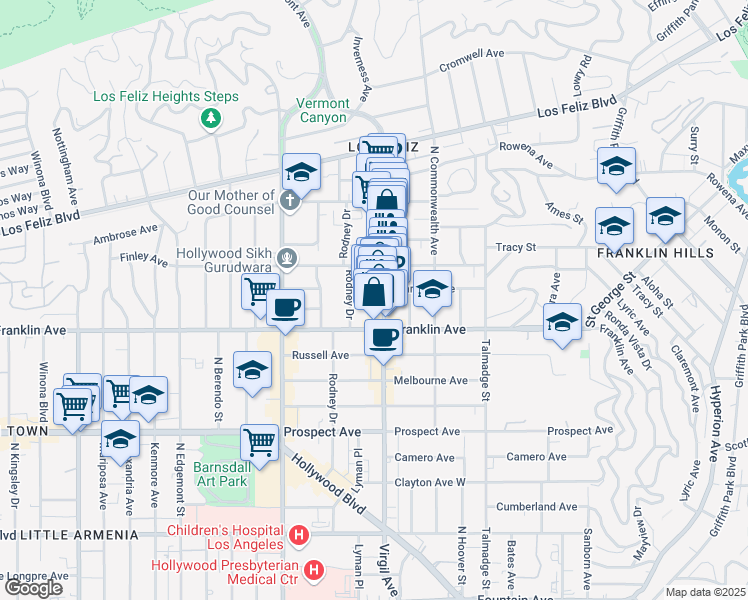 map of restaurants, bars, coffee shops, grocery stores, and more near 1952 Rodney Drive in Los Angeles