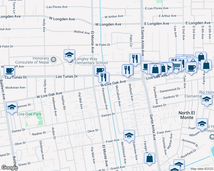 map of restaurants, bars, coffee shops, grocery stores, and more near 140 West Live Oak Avenue in Arcadia