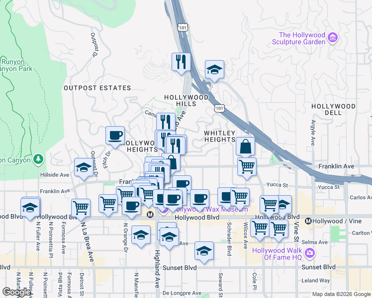 map of restaurants, bars, coffee shops, grocery stores, and more near 2010 North Highland Avenue in Los Angeles