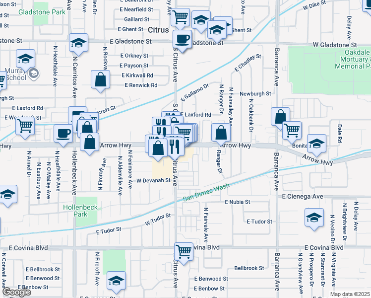 map of restaurants, bars, coffee shops, grocery stores, and more near 128 East Arrow Highway in Covina