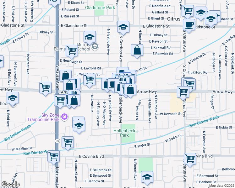 map of restaurants, bars, coffee shops, grocery stores, and more near 573 East Arrow Highway in Azusa