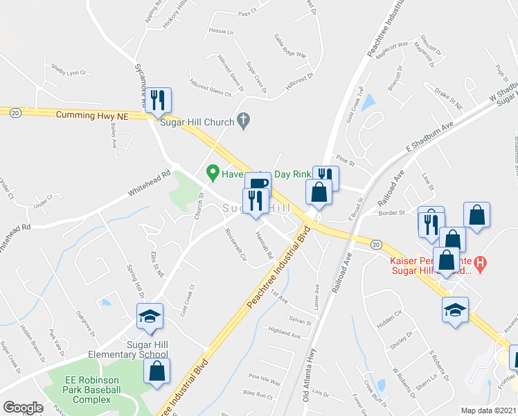 map of restaurants, bars, coffee shops, grocery stores, and more near 4969 West Broad Street in Sugar Hill
