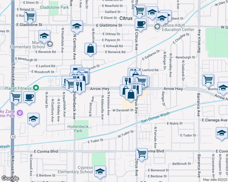 map of restaurants, bars, coffee shops, grocery stores, and more near 257 West Alcross Street in Covina