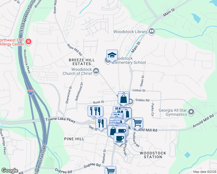map of restaurants, bars, coffee shops, grocery stores, and more near 216 Rope Mill Road in Woodstock