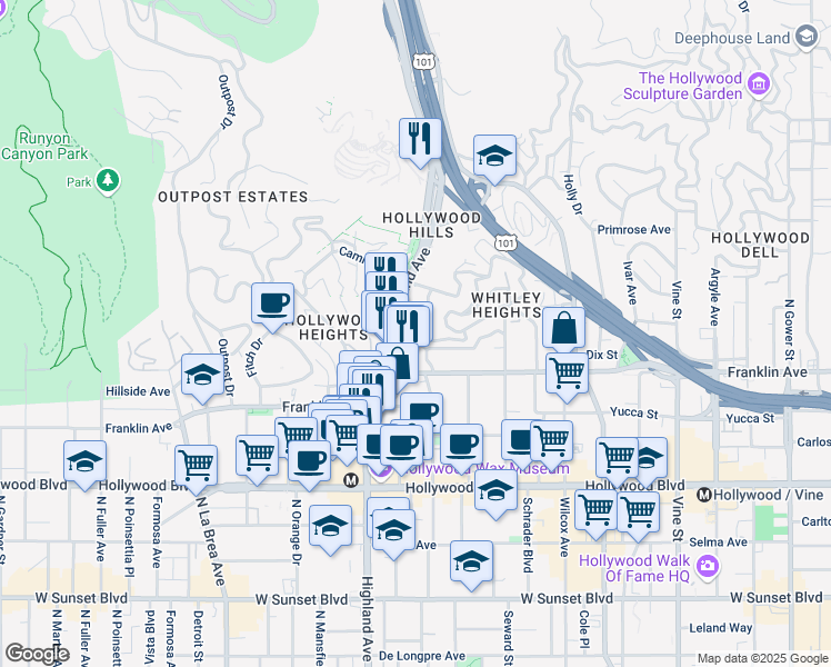 map of restaurants, bars, coffee shops, grocery stores, and more near 1940 Highland Avenue in Los Angeles