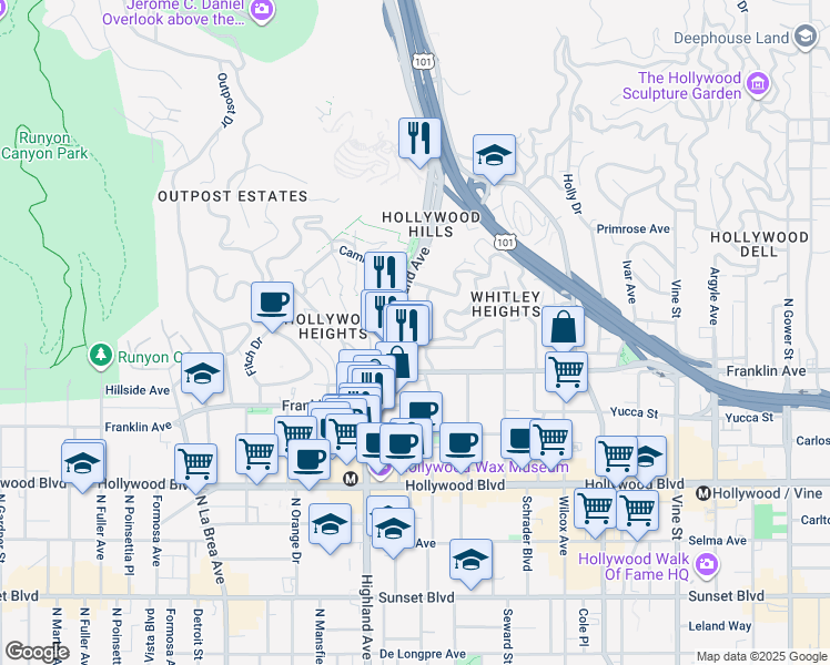 map of restaurants, bars, coffee shops, grocery stores, and more near 1940 Highland Avenue in Los Angeles