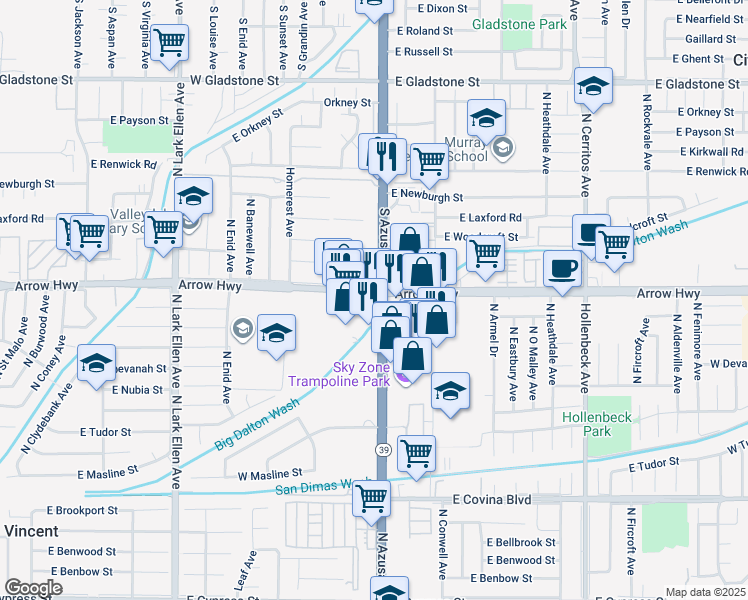 map of restaurants, bars, coffee shops, grocery stores, and more near 1477 North Azusa Avenue in Covina