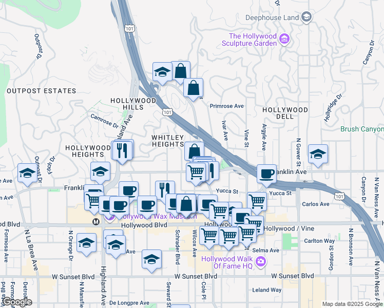 map of restaurants, bars, coffee shops, grocery stores, and more near 1941 Wilcox Avenue in Los Angeles