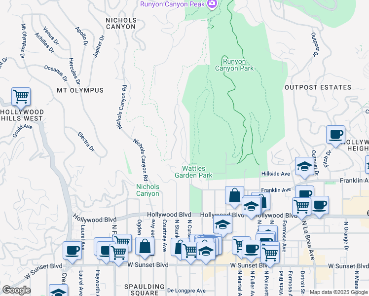 map of restaurants, bars, coffee shops, grocery stores, and more near 1962 Wattles Drive in Los Angeles