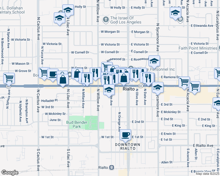 map of restaurants, bars, coffee shops, grocery stores, and more near 252 West Foothill Boulevard in Rialto