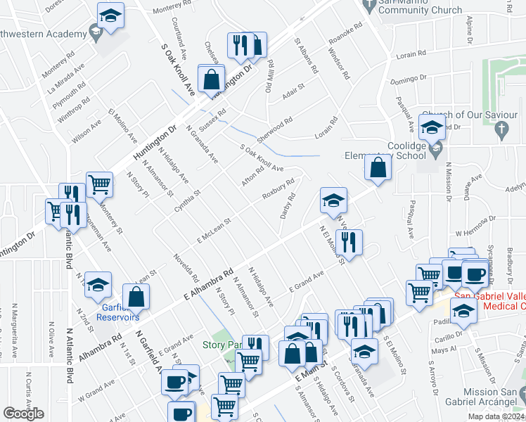 map of restaurants, bars, coffee shops, grocery stores, and more near 810 North Granada Avenue in San Marino