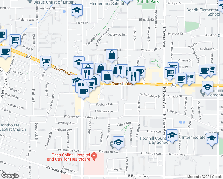 map of restaurants, bars, coffee shops, grocery stores, and more near 310 East Foothill Boulevard in Pomona