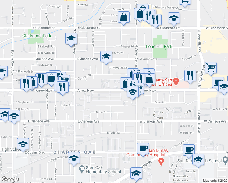 map of restaurants, bars, coffee shops, grocery stores, and more near 1110 Strawberry Lane in Glendora