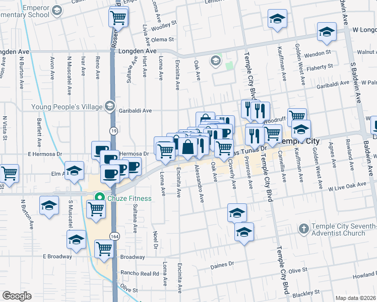map of restaurants, bars, coffee shops, grocery stores, and more near 5934 Alessandro Avenue in Temple City