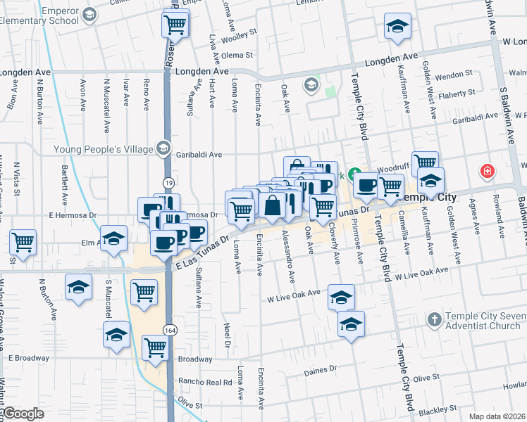 map of restaurants, bars, coffee shops, grocery stores, and more near 5942 Encinita Avenue in Temple City
