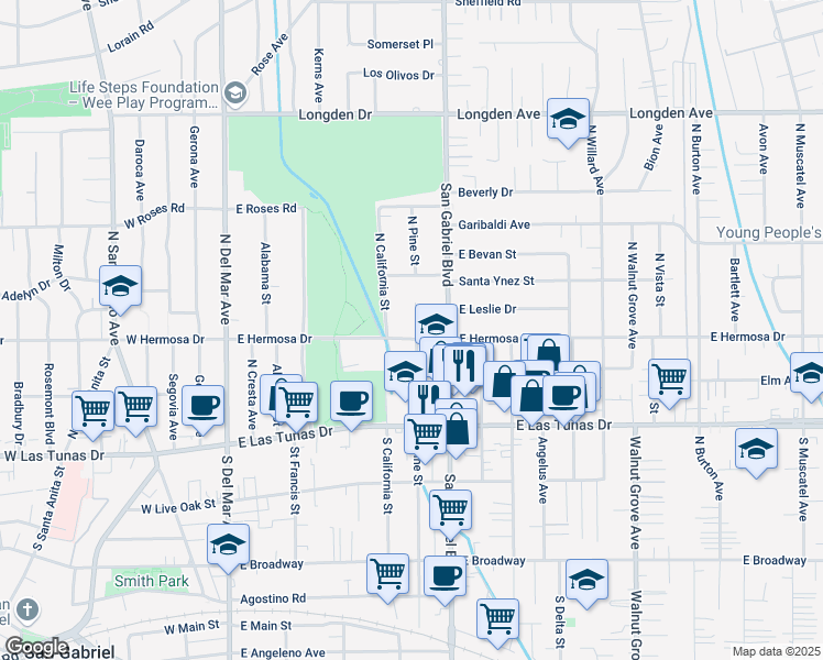 map of restaurants, bars, coffee shops, grocery stores, and more near 312 North Pine Street in San Gabriel