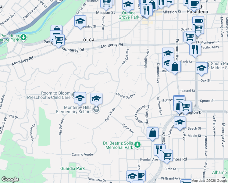 map of restaurants, bars, coffee shops, grocery stores, and more near 716 Flores De Oro in South Pasadena