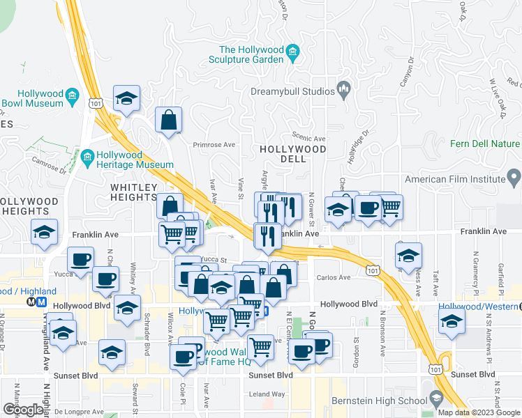 map of restaurants, bars, coffee shops, grocery stores, and more near 1961 Argyle Avenue in Los Angeles