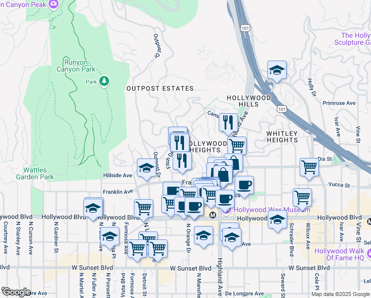 map of restaurants, bars, coffee shops, grocery stores, and more near 6927 Paseo Del Serra in Los Angeles
