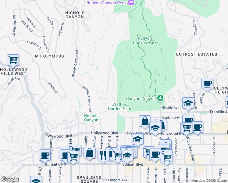 map of restaurants, bars, coffee shops, grocery stores, and more near 1962 Wattles Drive in Los Angeles