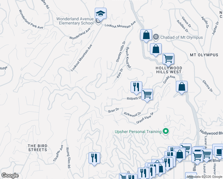 map of restaurants, bars, coffee shops, grocery stores, and more near 2012 Stanley Hills Drive in Los Angeles