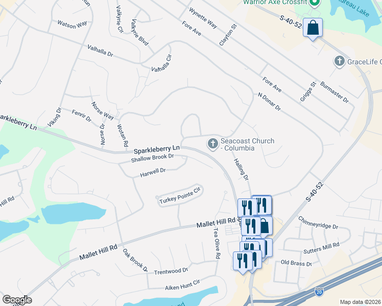 map of restaurants, bars, coffee shops, grocery stores, and more near 100 Valhalla Drive in Columbia