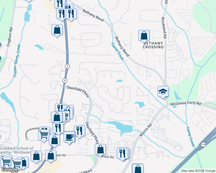 map of restaurants, bars, coffee shops, grocery stores, and more near 375 Silhouette Court in Alpharetta