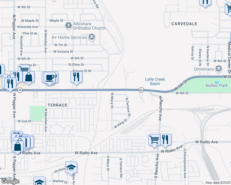 map of restaurants, bars, coffee shops, grocery stores, and more near 2286 Greenwood Street in San Bernardino