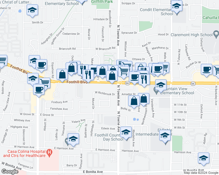 map of restaurants, bars, coffee shops, grocery stores, and more near 700 East Foothill Boulevard in Pomona