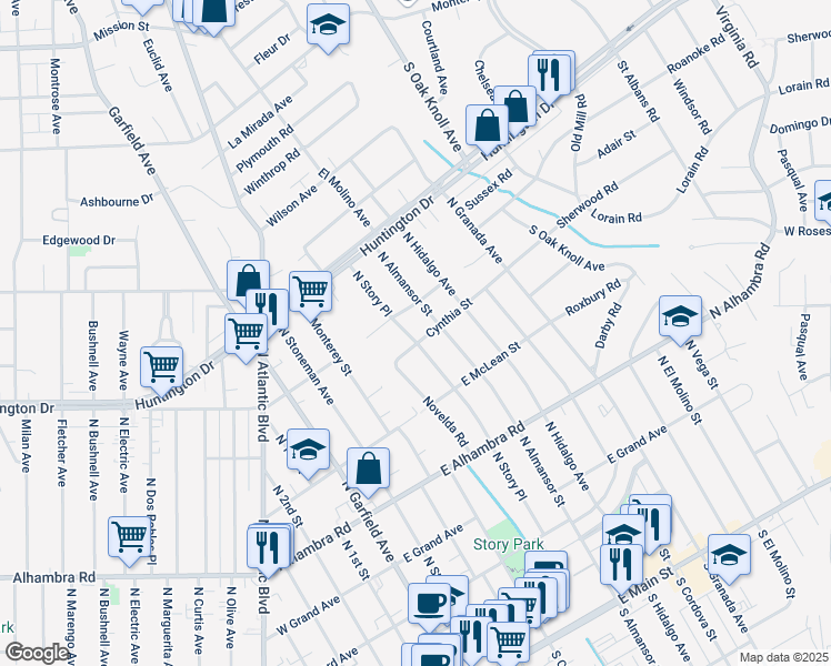 map of restaurants, bars, coffee shops, grocery stores, and more near 500 East Pine Street in Alhambra