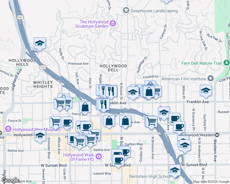 map of restaurants, bars, coffee shops, grocery stores, and more near 1943 Carmen Avenue in Los Angeles
