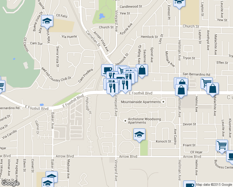 map of restaurants, bars, coffee shops, grocery stores, and more near 8173 Vineyard Avenue in Rancho Cucamonga