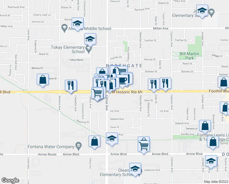 map of restaurants, bars, coffee shops, grocery stores, and more near 16149 Foothill Blvd in Fontana