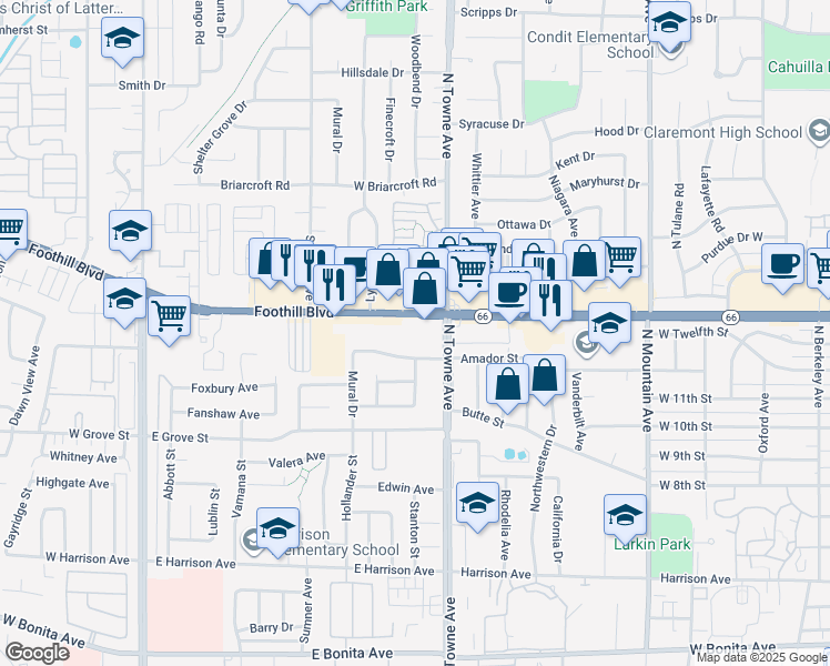 map of restaurants, bars, coffee shops, grocery stores, and more near 700 East Foothill Boulevard in Pomona