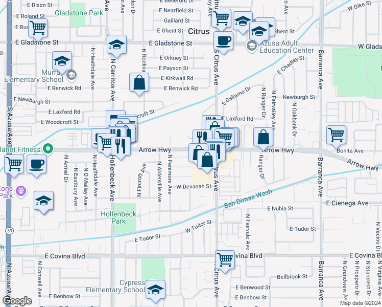 map of restaurants, bars, coffee shops, grocery stores, and more near 217 West Alcross Street in Covina