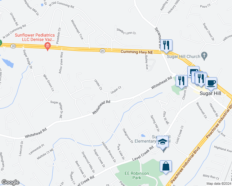 map of restaurants, bars, coffee shops, grocery stores, and more near 5135 Thorin Oak Circle in Sugar Hill