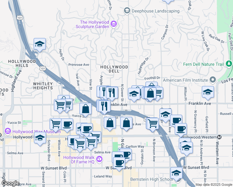 map of restaurants, bars, coffee shops, grocery stores, and more near 1943 Carmen Avenue in Los Angeles