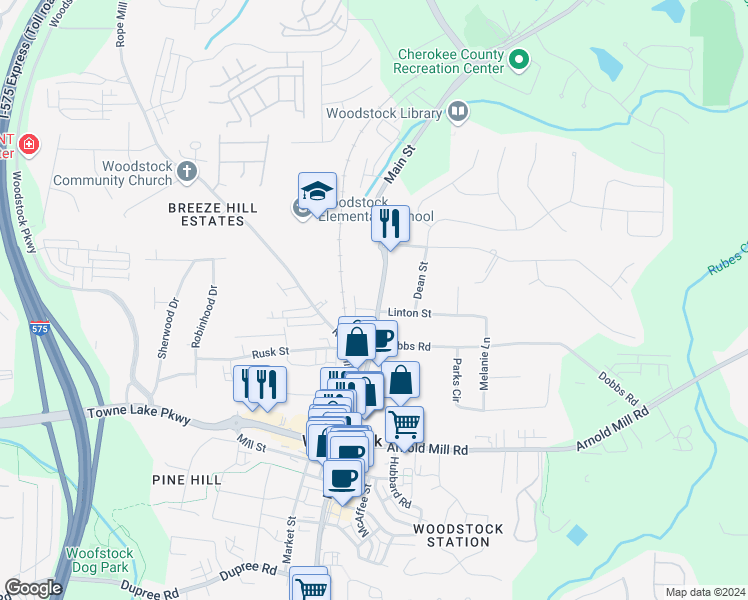map of restaurants, bars, coffee shops, grocery stores, and more near 8212 Main Street in Woodstock