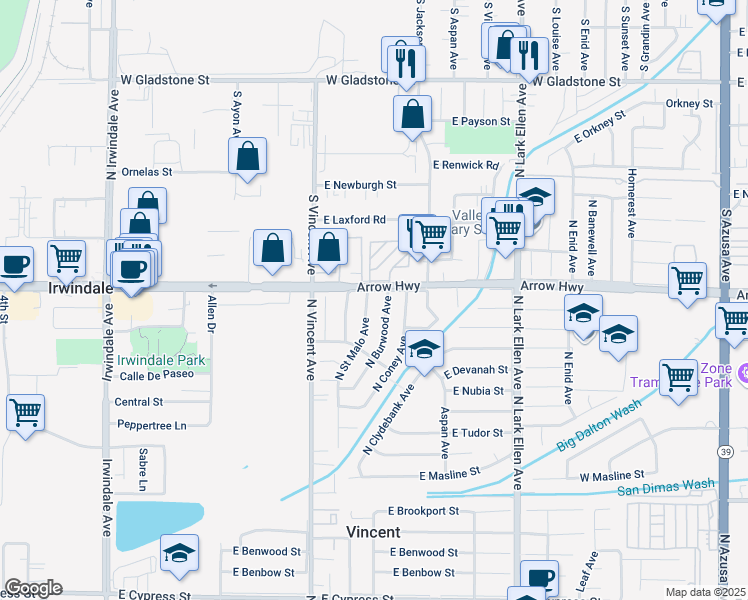 map of restaurants, bars, coffee shops, grocery stores, and more near 5162 North Saint Malo Avenue in Covina