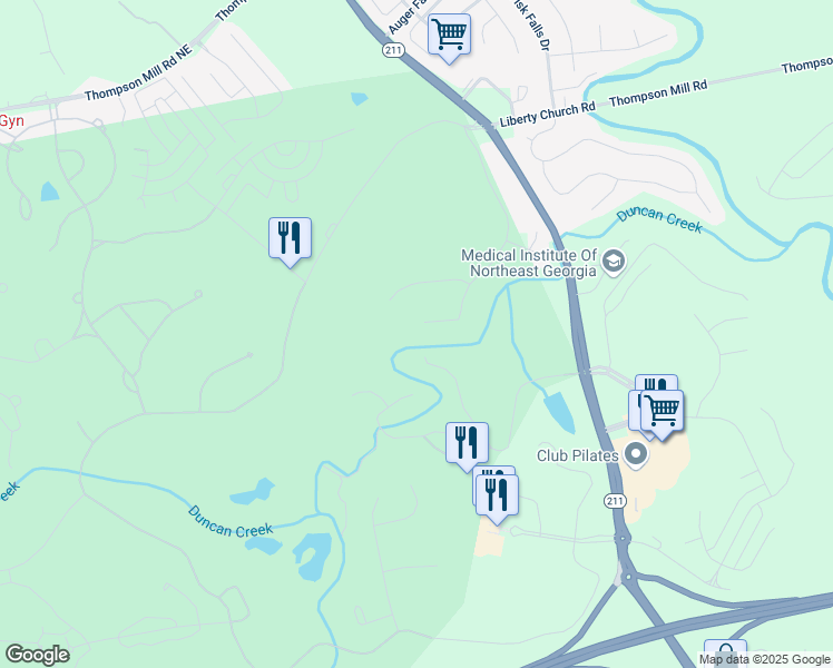 map of restaurants, bars, coffee shops, grocery stores, and more near 1971 Burgundy Drive in Braselton