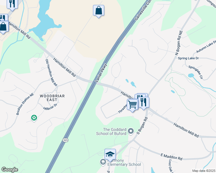 map of restaurants, bars, coffee shops, grocery stores, and more near 4234 Hamilton Mill Road in Buford
