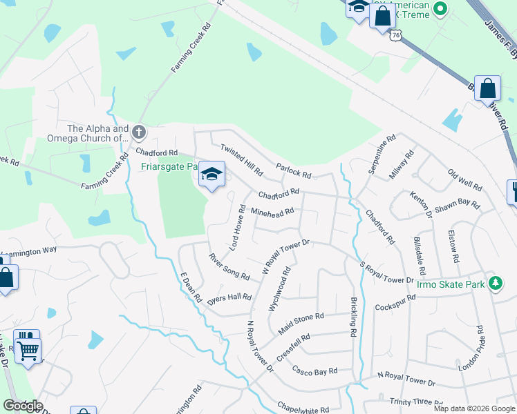 map of restaurants, bars, coffee shops, grocery stores, and more near 1342 Chadford Road in Irmo