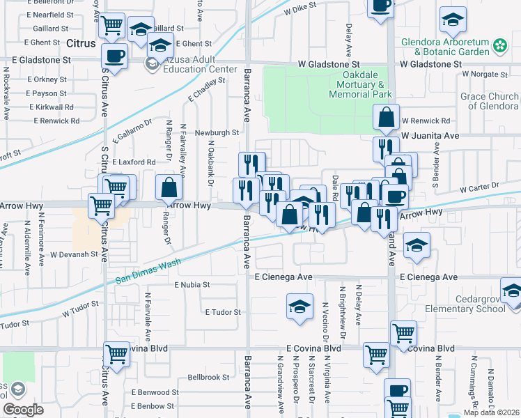 map of restaurants, bars, coffee shops, grocery stores, and more near 1864 Bonita Avenue in Glendora