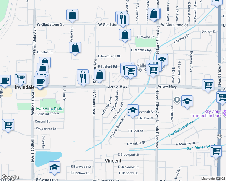 map of restaurants, bars, coffee shops, grocery stores, and more near 5162 North Saint Malo Avenue in Covina