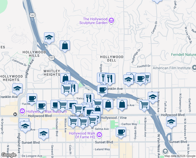map of restaurants, bars, coffee shops, grocery stores, and more near 1961 Argyle Avenue in Los Angeles