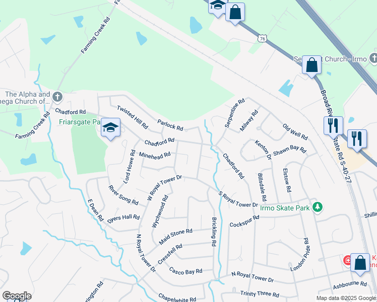 map of restaurants, bars, coffee shops, grocery stores, and more near 119 Minehead Court in Irmo